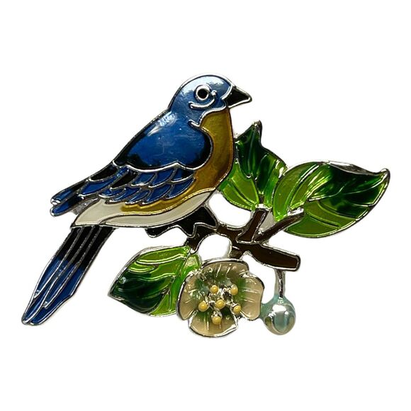 Zarah Jewelry - Zarah Bluebird and Dogwood Brooch Bird Brooch Sterling Silver Plated Cloisonne